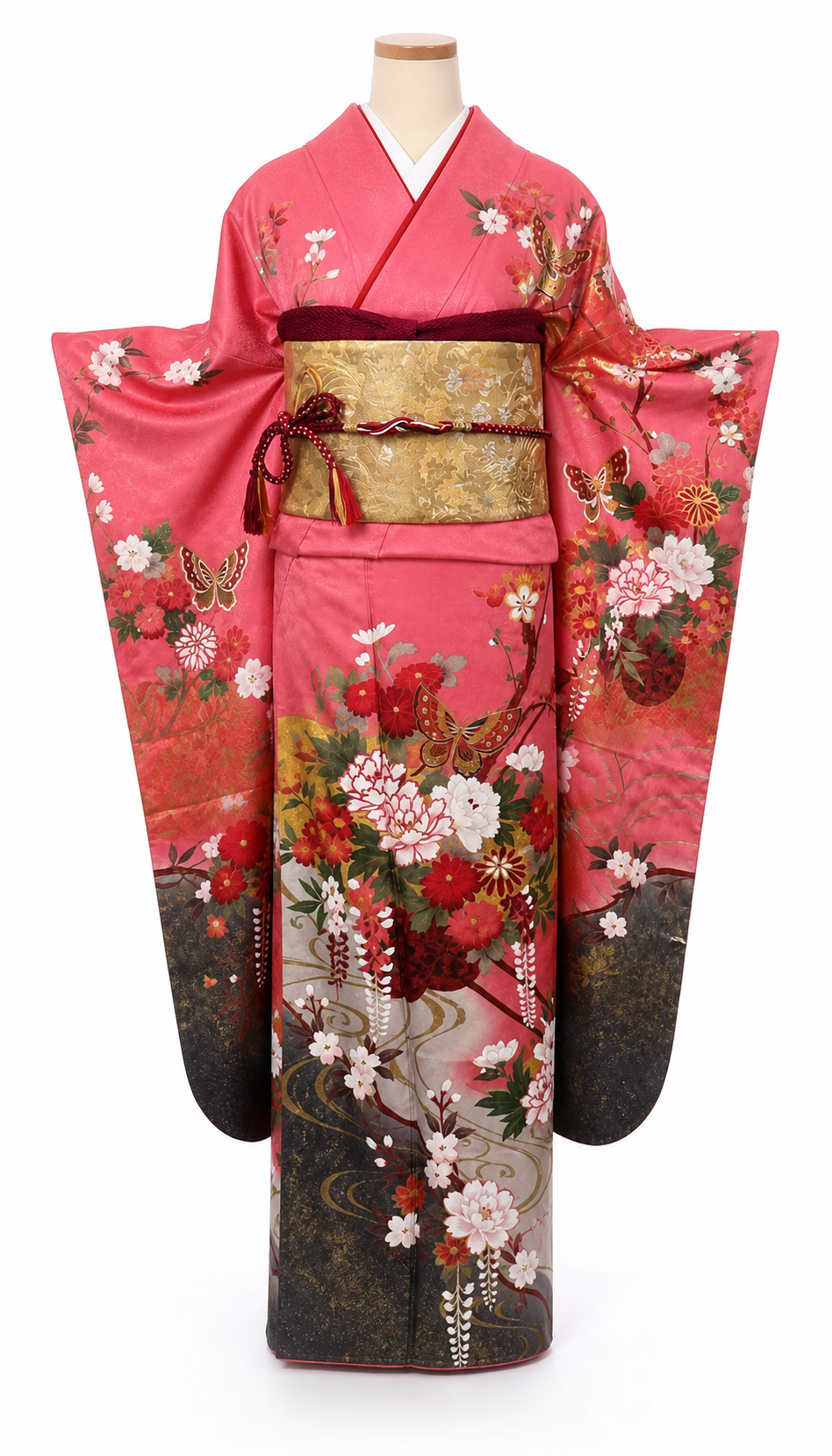 Furisode feminino rosa com flores e borboletas